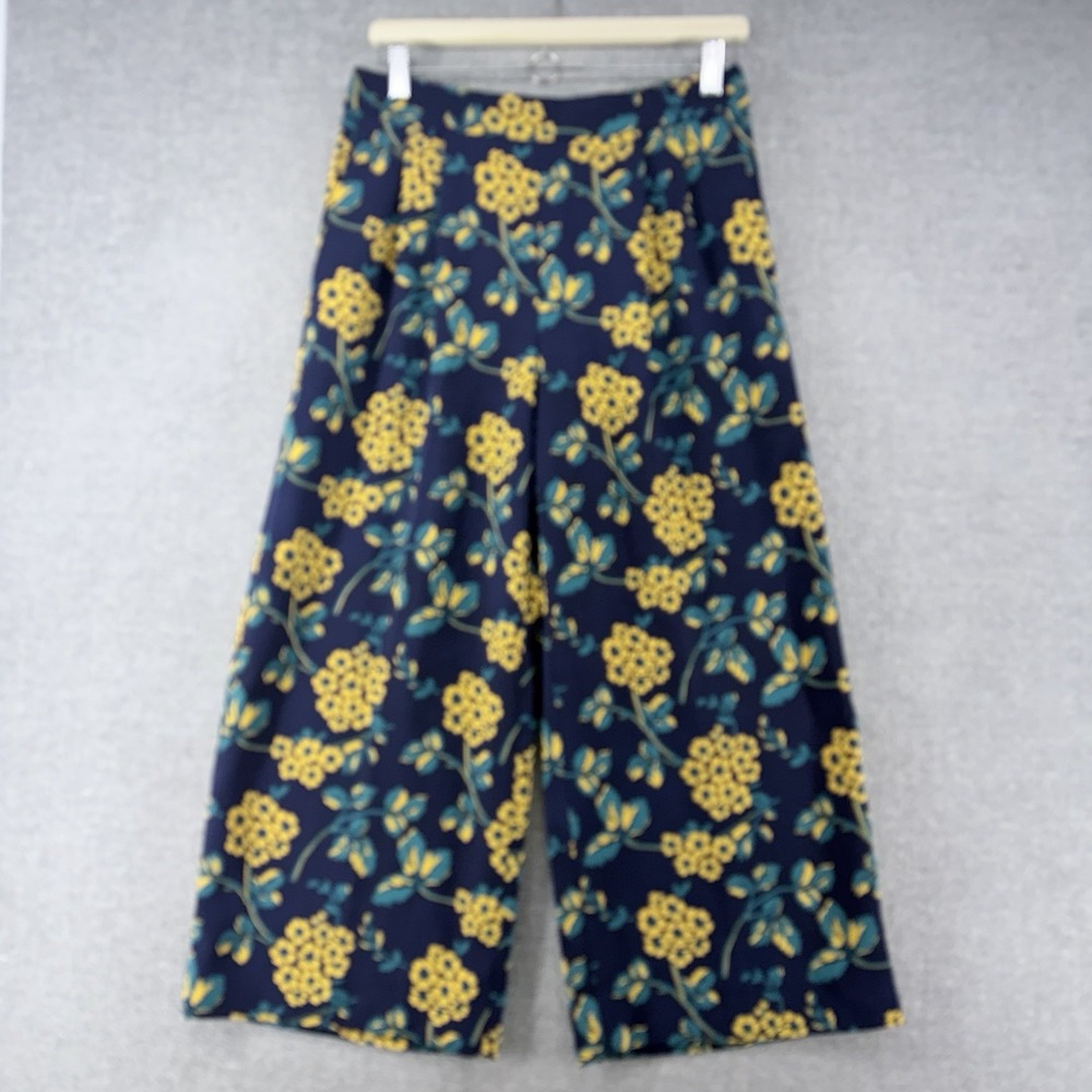 J Crew Wide Leg Pleated Pants Women Size 6 Blue Floral Yellow Casual
